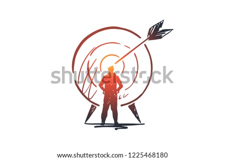Goal, success, target, aim, arrow concept. Hand drawn person and target with arrow concept sketch. Isolated vector illustration.