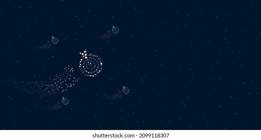 A goal symbol filled with dots flies through the stars leaving a trail behind. Four small symbols around. Empty space for text on the right. Vector illustration on dark blue background with stars