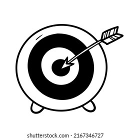 Goal table target dartboard icon with a flying arrow hand drawn vector scribble doodle sketch in a black white monochrome style. Ideal bullet journal presentation art.