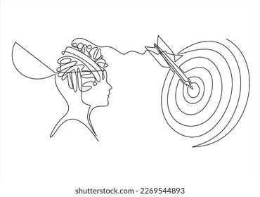 Goal, Target, Aim, Focus Line Icon. Objective-Focused Human Head Linear Pictogram. Mental Concentration Outline Sign. Intellectual Process Symbol. Editable Stroke.Single one line
