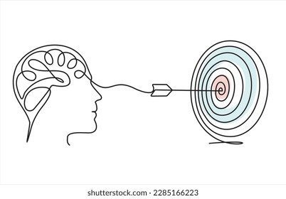 Goal, Target, Aim, Focus Line Icon. Objective-Focused Human Head Linear Pictogram. Mental Concentration Outline Sign. Intellectual Process Symbol. Single one line