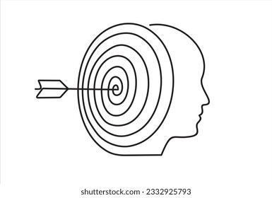 Goal, Target, Aim, Focus Line Icon. Objective-Focused Human Head Linear Pictogram. Mental Concentration Outline Sign. Intellectual Process Symbol. Single one line