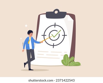 Goal and target concept. Scope of work, define work to be performed agreement document, plan or strategy in project management, smart businessman project manager present scope of work in meeting.