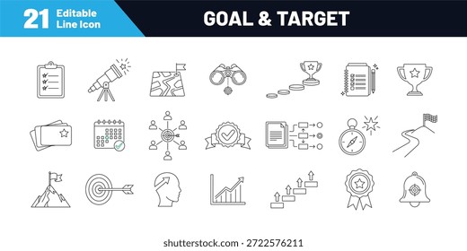 Conjunto de iconos editables de objetivo y objetivo. Icono de línea colección de misión, medalla, éxito, cima de la montaña, ganar, puntería, objetivo, trofeo y más. Trazo editable, Ilustración vectorial.