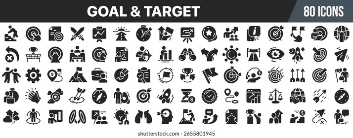 Goal and target icon set. Business strategy, achievement, teamwork, growth, leadership and success symbols. Vector illustration
