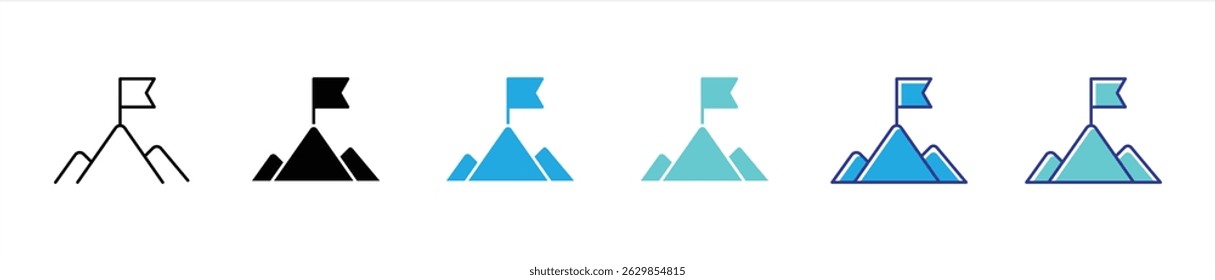 goal target icon set. containing mission, success, ambition, and the journey to reach new summits with a flag at the peak thin line and color style symbol sign. vector illustration