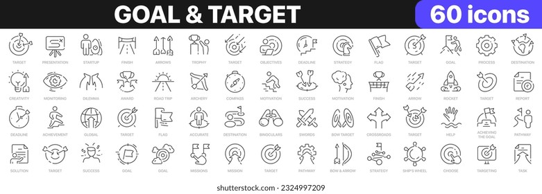 Goal and target line icons collection. Startup, strategy, trophy, flag, arrow, success icons. UI icon set. Thin outline icons pack. Vector illustration EPS10