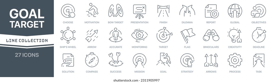 Goal and target linear signed icon collection. Signed thin line icons collection. Set of goal and target simple outline icons