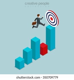 Goal target movement through obstacle flat 3d isometry isometric business concept web vector illustration. Man jump over chart bar graphic reach round target aim sign. Creative people collection.