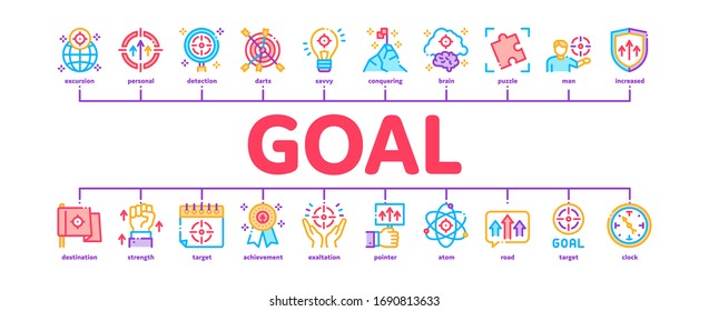Goal Target Purpose Minimal Infographic Web Banner Vector. Goal Aim On Planet And Lightbulb, Atom And Flag, Calendar And Medal Award Illustrations