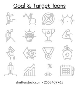 Goal, Target, Self improvement, aim, and purpose icon set in thin line style