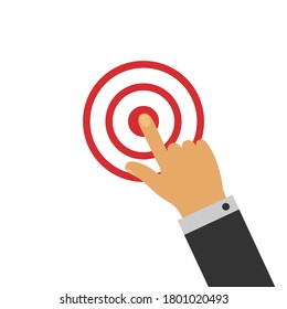 Goal, target sign. Hand pointing on central of target from top view, business concept