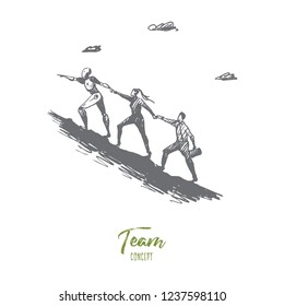 Goal, team, support, forward, motivation, automation concept. Hand drawn team climbing on mountain concept sketch. Isolated vector illustration