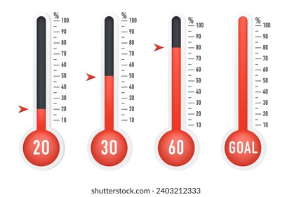 Goal thermometer icon set. Clipart image isolated on white background. Empty, half, full percentage thermometers. Vector illustration