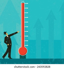 Termómetro de objetivo: hombre que mide el progreso de un termómetro de recaudación de fondos de gran tamaño. El nivel de mercurio es fácil de subir y bajar. El termómetro