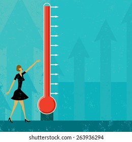 Goal Thermometer
A woman measuring the progress of a large fund raising thermometer. The level of mercury is easy to move up and down. 