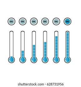 Goal thermometers at different levels, Vector illustration.