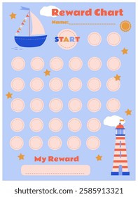 Goal tracker for children on the marine theme with a ship and a lighthouse 