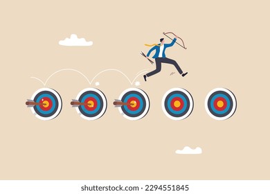 Goal tracking or achievement, effort planning to finish work, performance or track progress, project management or completed tasks concept, businessman holding arrow and bow jump on achieved targets.