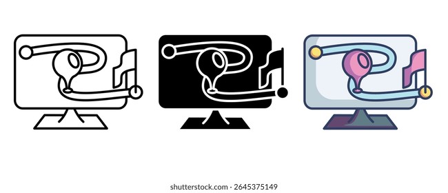 Goal tracking AI icon represented by monitor , flag, track, path Line, Filled, Color style.