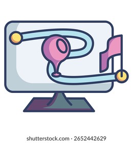 Ícone de IA de rastreamento de meta representado pelo estilo de cor linear de monitor , sinalizador, trilha e caminho.