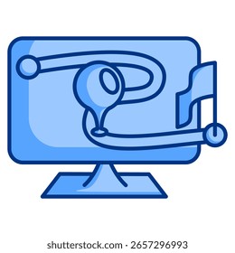 Icono de IA de seguimiento de objetivos representado por monitor, bandera, pista, ruta Estilo azul.