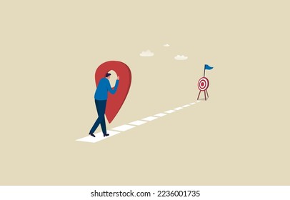 Goal tracking. Follow up on targeted. Progress from beginning to success. Map or direction to navigate to goal. Businessman following Pin. Illustration