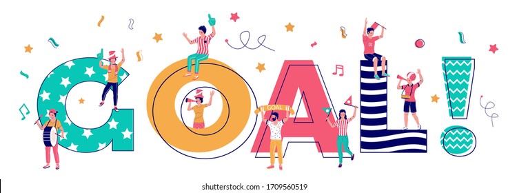 Goal typography banner template, vector flat illustration. Happy people celebrating victory, business success. Reach target, business achievements, teamwork concept.