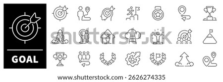 Goal vector icons. Goal thin line icons collection. Success, achievement, mission, medal, reward, aim, target, trophy, goal related icons.