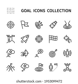 Goal vector linear icons set. Business goal. Success, achievement, victory, mission path, progress and more. Isolated collection of goal and target for web sites icon on white background.