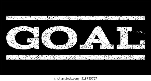 Goal watermark stamp. Text caption between horizontal parallel lines with grunge design style. Rubber seal stamp with dirty texture. Vector white color ink imprint on a black background.