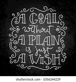 A goal without a plan is just a wish. Hand drawn modern image with hand-lettering and decoration elements on blackboard. Illustration for prints on t-shirts and bags, posters, cards.