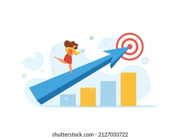 Goal-focused business determination and development vector concept. Businessman running towards the goal increase motivation illustration. Superhero rushing on the arrow to the target, success.