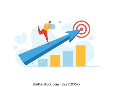 Goal-focused business determination and development vector concept. Businessman running towards the goal increase motivation illustration. Superhero rushing on the arrow to the target, success.