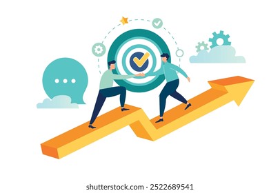 Focada em metas, aumentar a motivação, forma de alcançar a meta, apoio e trabalho em equipe, ajuda na superação de obstáculos, ilustração vetorial 