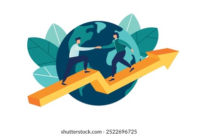 Goal-focused, world planet help support, increase motivation, way to achieve the goal, support and teamwork, help in overcoming obstacles, vector illustration green clean ecology