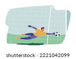 Goalie Male Character Wear Football Team Uniform in Motion on Stadium. Goalkeeper Jump and Stretching Hand to Catch Ball Defend Gates in Soccer Tournament. Cartoon People Vector Illustration