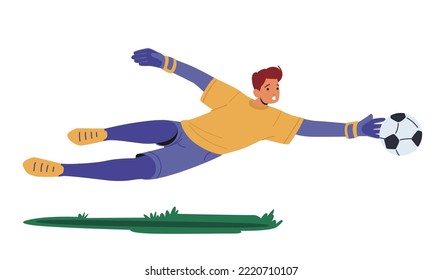 Goalie Male Character Wear Football Team Uniform in Motion on Stadium. Goalkeeper Jump and Catch Ball in Soccer Tournament Isolated on White Background. Cartoon People Vector Illustration