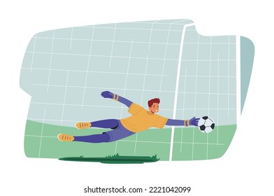 Goalie Male Character Wear Football Team Uniform in Motion on Stadium. Goalkeeper Jump and Stretching Hand to Catch Ball Defend Gates in Soccer Tournament. Cartoon People Vector Illustration