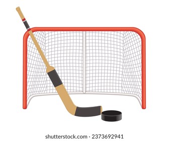 goalie stick in front of net with puck isolated on a white background