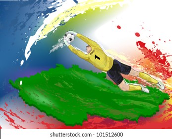 goalie in yellow is catching ball in air