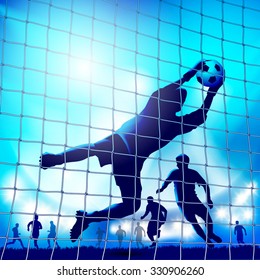 Goalkeeper in action. Catches the ball. Vector illustration