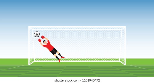 Goalkeeper in action jumping to catch soccer ball, vector illustration.