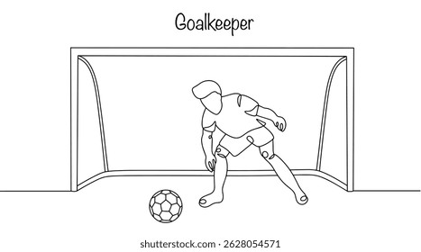 A goalkeeper blocks the ball to prevent a goal during a football match. A man defends his team's goal from attacks by the opponent. A hand drawn football player playing as a goalkeeper. Vector.