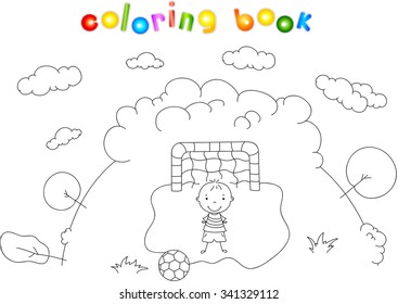 Goalkeeper boy standing at the gate with ball. Vector illustration
