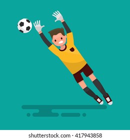 Goalkeeper catches the ball. Football. Vector illustration of a flat design