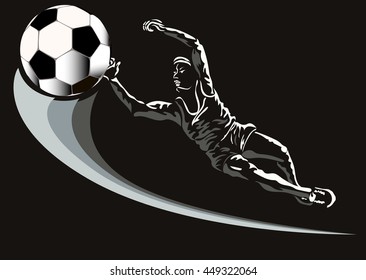 the goalkeeper catches the ball in a jump on a dark background