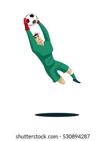 Goalkeeper catches the ball and protect. Vector illustration