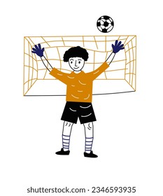 Goalkeeper catches the ball. Soccer.ball keeper.Vector illustration hand drawn doodle style on white isolated background.