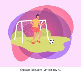 Goalkeeper catching ball flat vector illustration. Man  playing soccer outside, football ball on green grass flat vector illustration. Sport, outdoor activity, summer concept